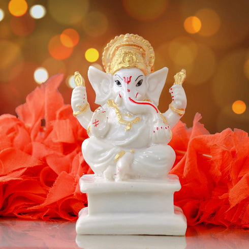 Gold White Ganpati - The Earth Store - God Statue